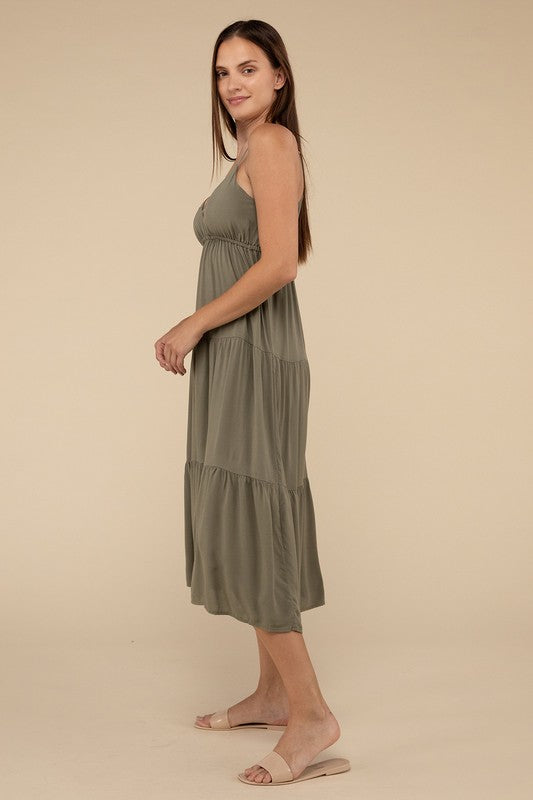 Woven Sweetheart Neckline Tiered Cami Midi Dress - Zenana