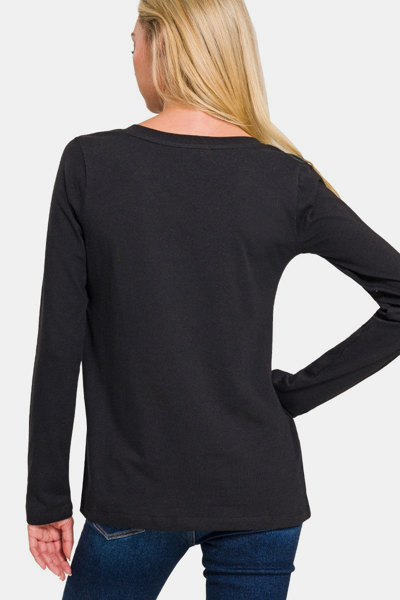 Zenana Full Size V-Neck Long Sleeve T-Shirt - Black