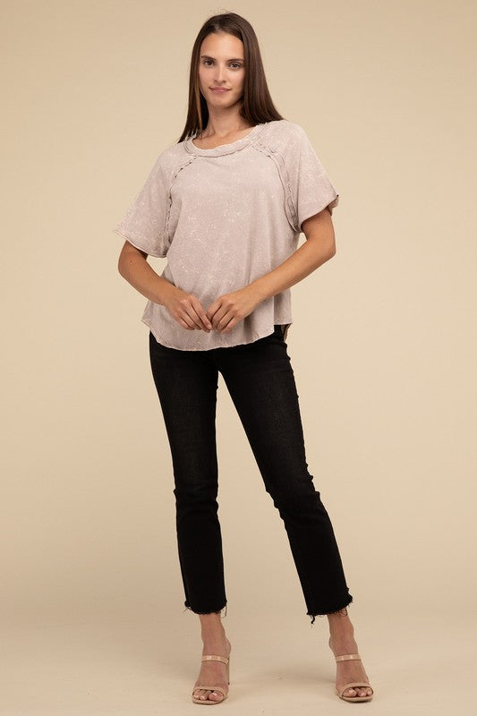 Back Patch Crinkle Washed Raglan Sleeve T-Shirt - Zenana