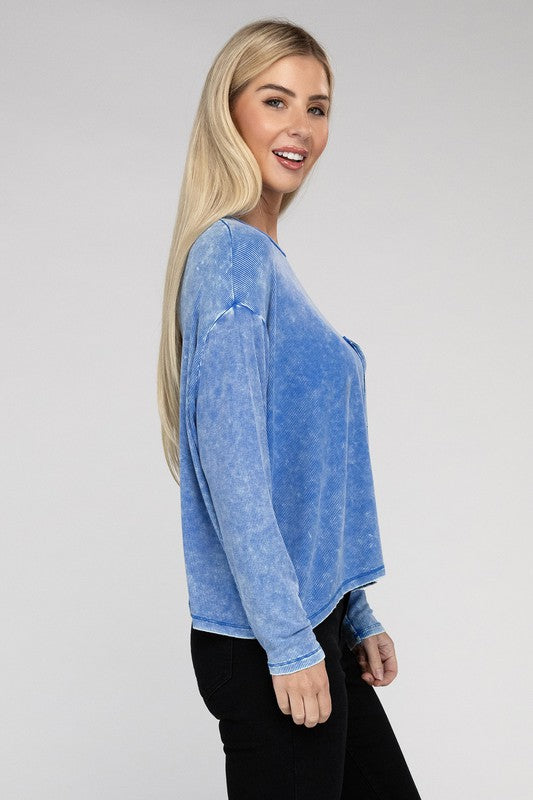 Washed Ribbed Dolman Sleeve Round Neck Top - Zenana
