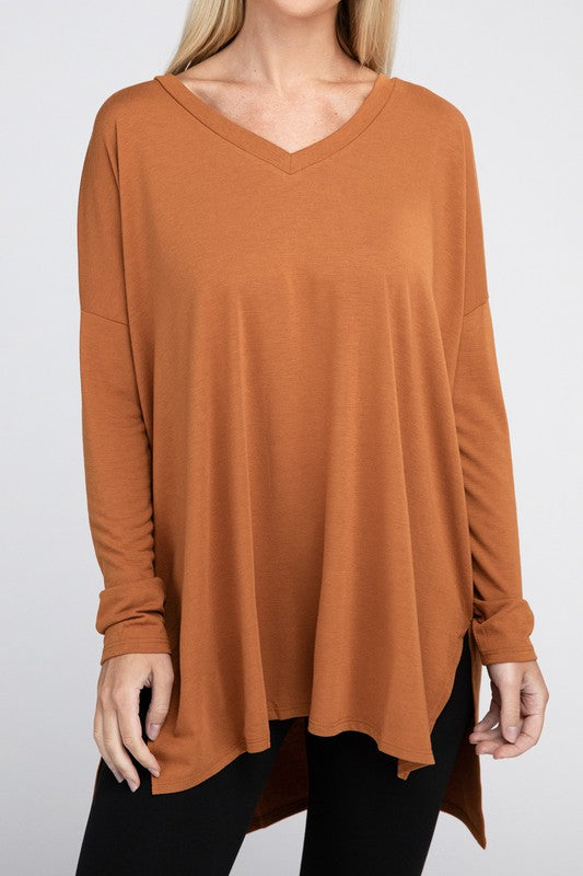 Dolman Long Sleeve V-Neck Side Slit Hi-Low Hem Top - Zenana