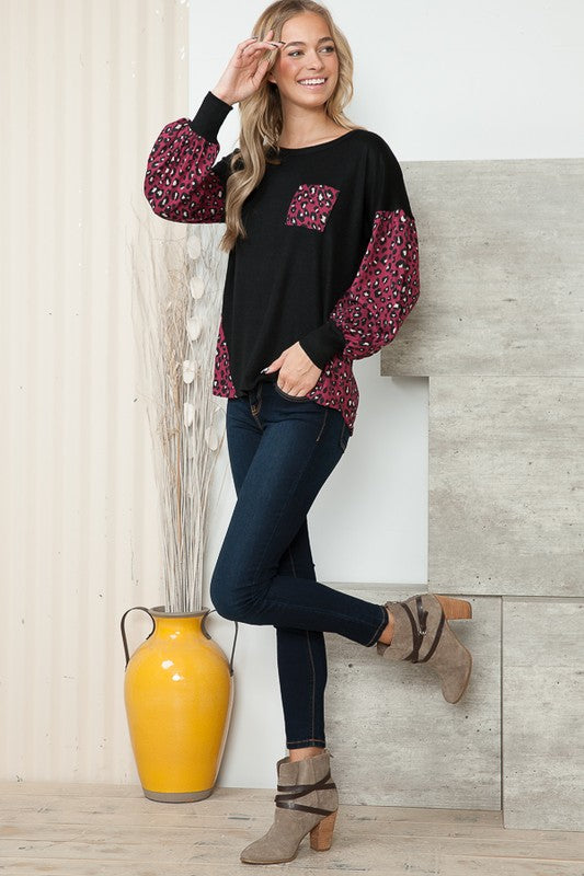 Leopard Print Contrasted Balloon Sleeve Sweater - Orange Farm Clothing
