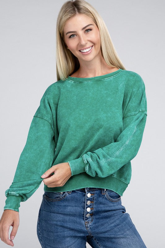French Terry Acid Wash Boat Neck Pullover - Zenana