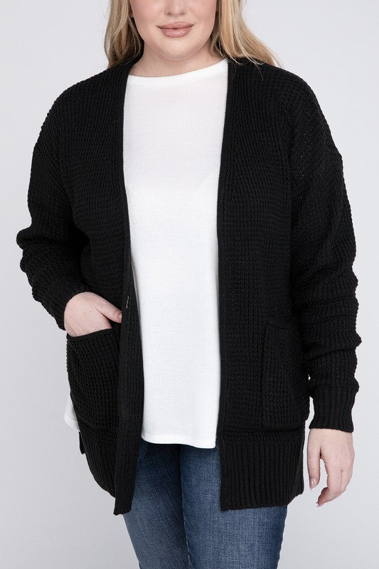 Plus Low Gauge Waffle Open Cardigan Sweater - Zenana