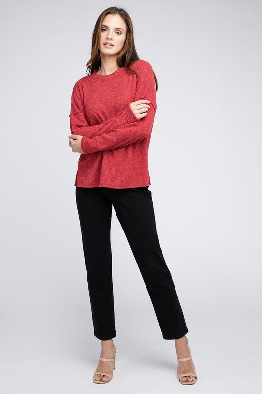 Ribbed Brushed Melange Hacci Sweater with a Pocket - Zenana