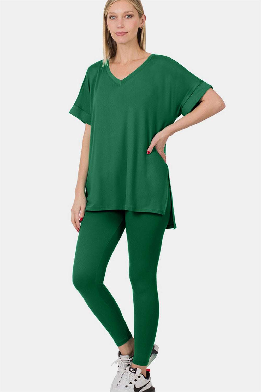 Zenana V-Neck Rolled Short Sleeve T-Shirt and Leggings Lounge Set - Green