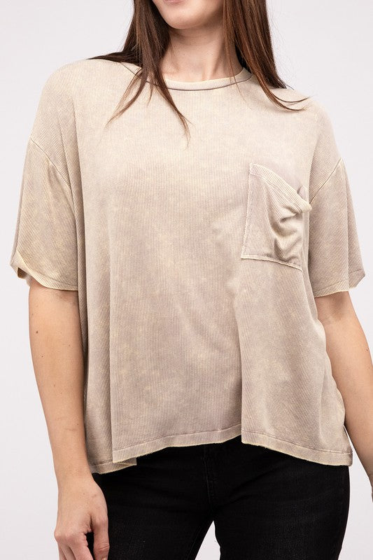 Washed Ribbed Cuffed Short Sleeve Round Neck Top - Zenana