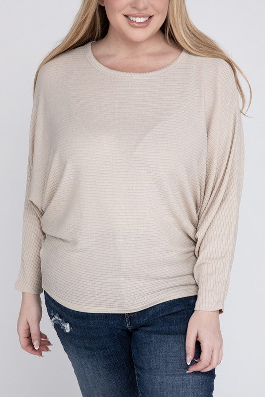 Plus Ribbed Batwing Long Sleeve Boat Neck Sweater - Zenana