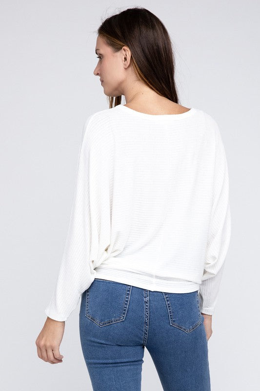 Ribbed Batwing Long Sleeve Boat Neck Sweater - Zenana