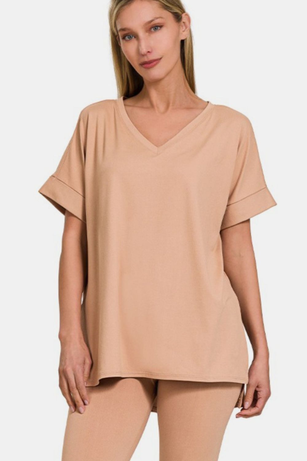 Zenana Full Size V-Neck Rolled Short Sleeve T-Shirt and Leggings Lounge Set - Brush