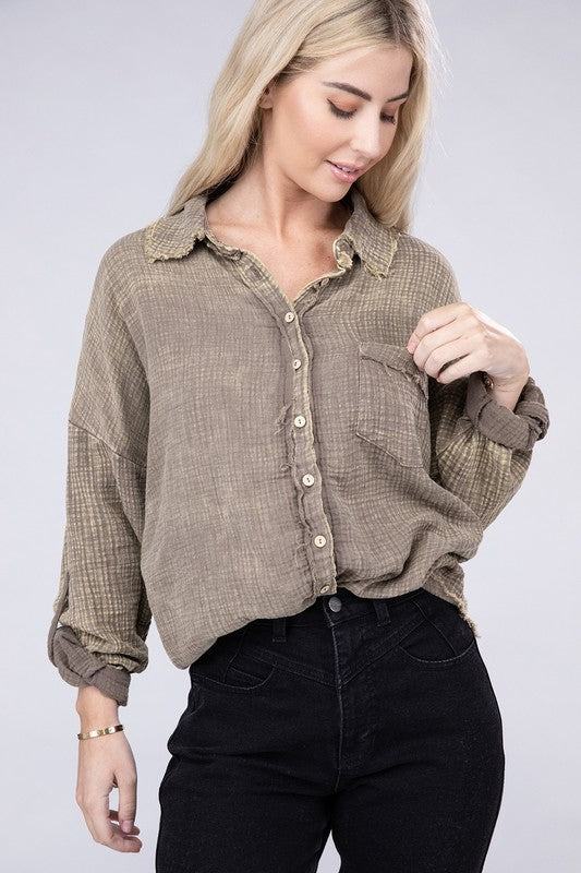 Washed Double Gauze Button Down Shirt - Zenana