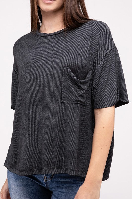 Washed Ribbed Cuffed Short Sleeve Round Neck Top - Zenana