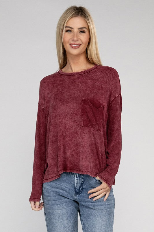 Washed Ribbed Dolman Sleeve Round Neck Top - Zenana