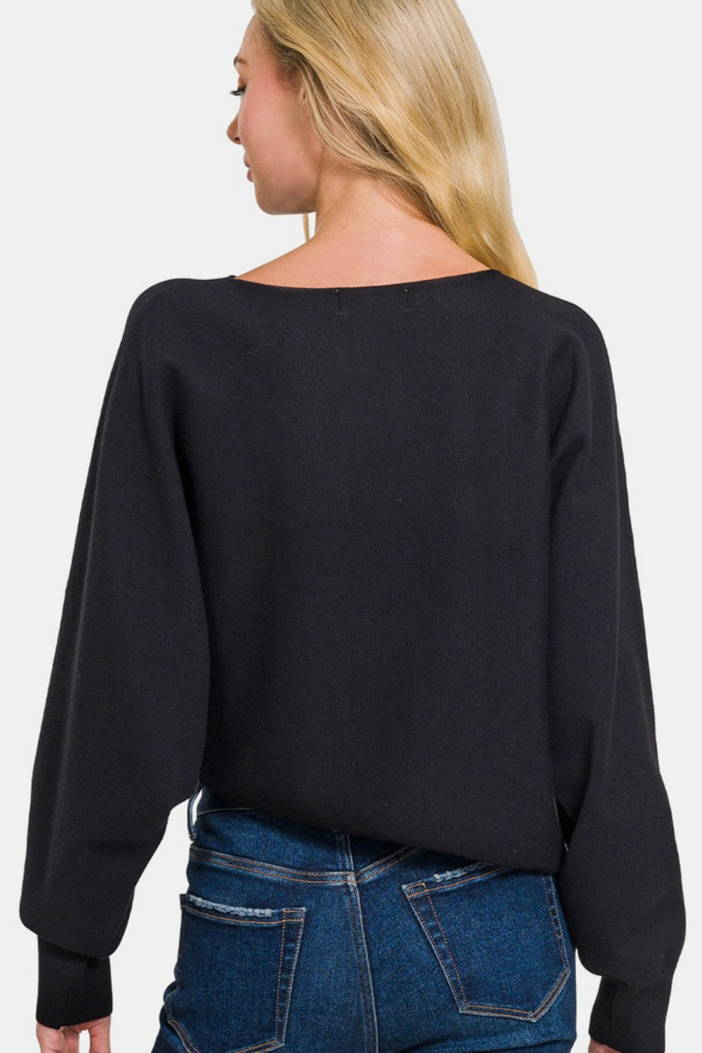 Zenana Asymmetric Hem Long Sleeve Sweater - Black
