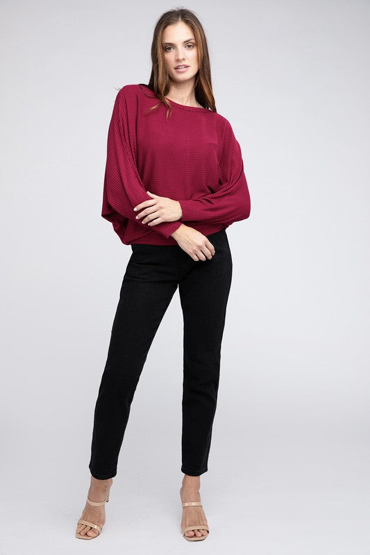 Ribbed Batwing Long Sleeve Boat Neck Sweater - Zenana