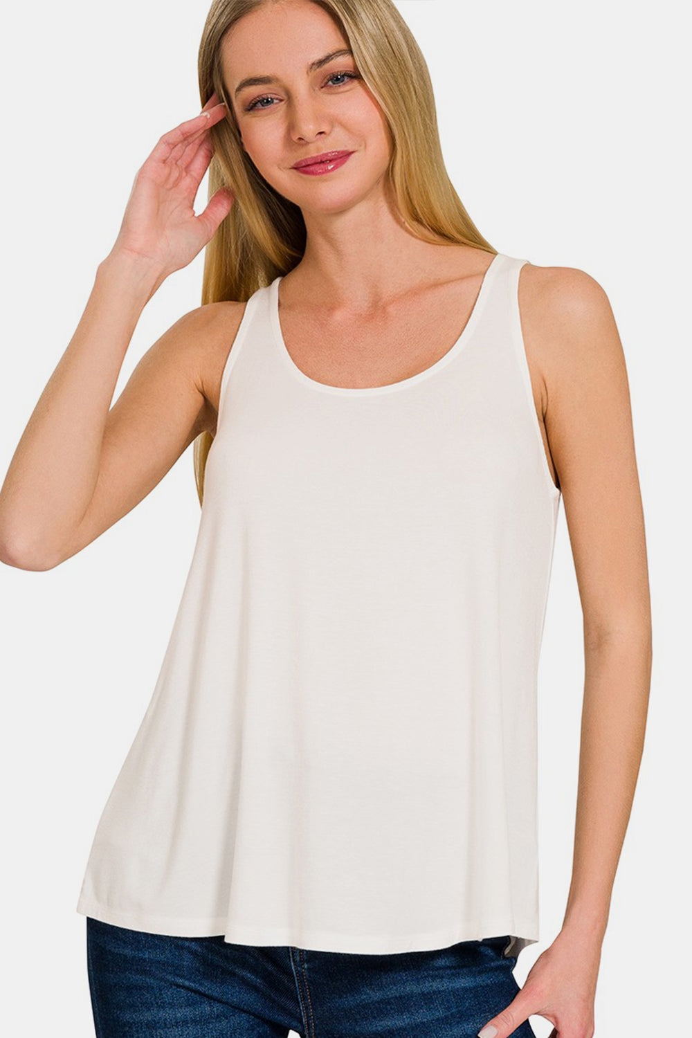 Zenana Round Neck Flowy Hem Tank - Ivory