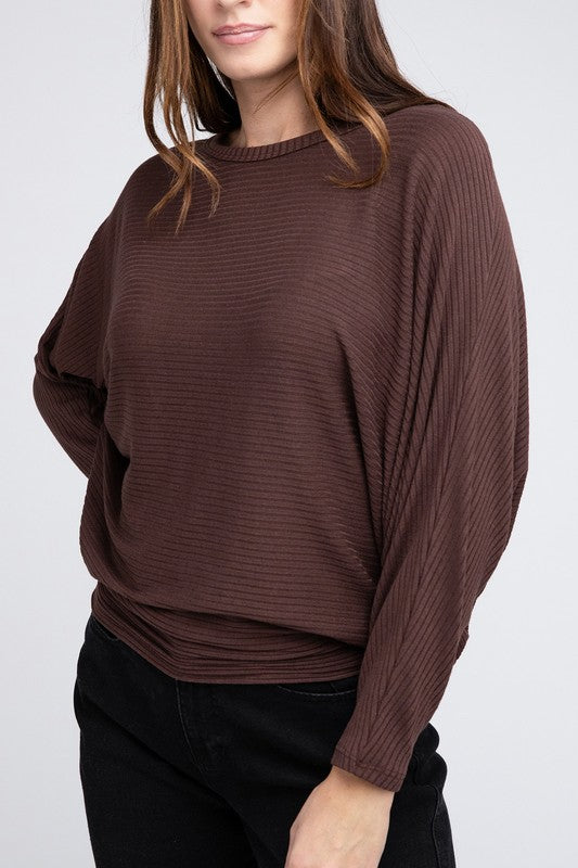Ribbed Batwing Long Sleeve Boat Neck Sweater - Zenana