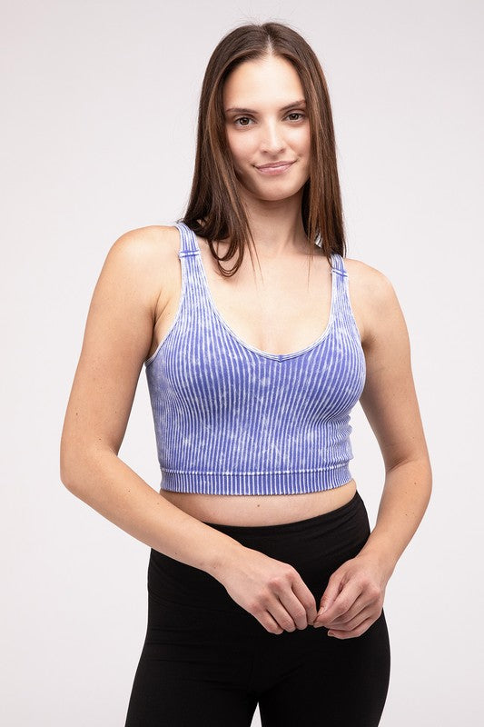 Washed Ribbed Cropped V-Neck Tank Top - Zenana
