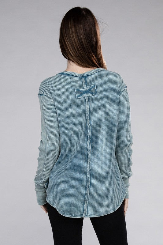 Washed Baby Waffle Long Sleeve Top - Zenana