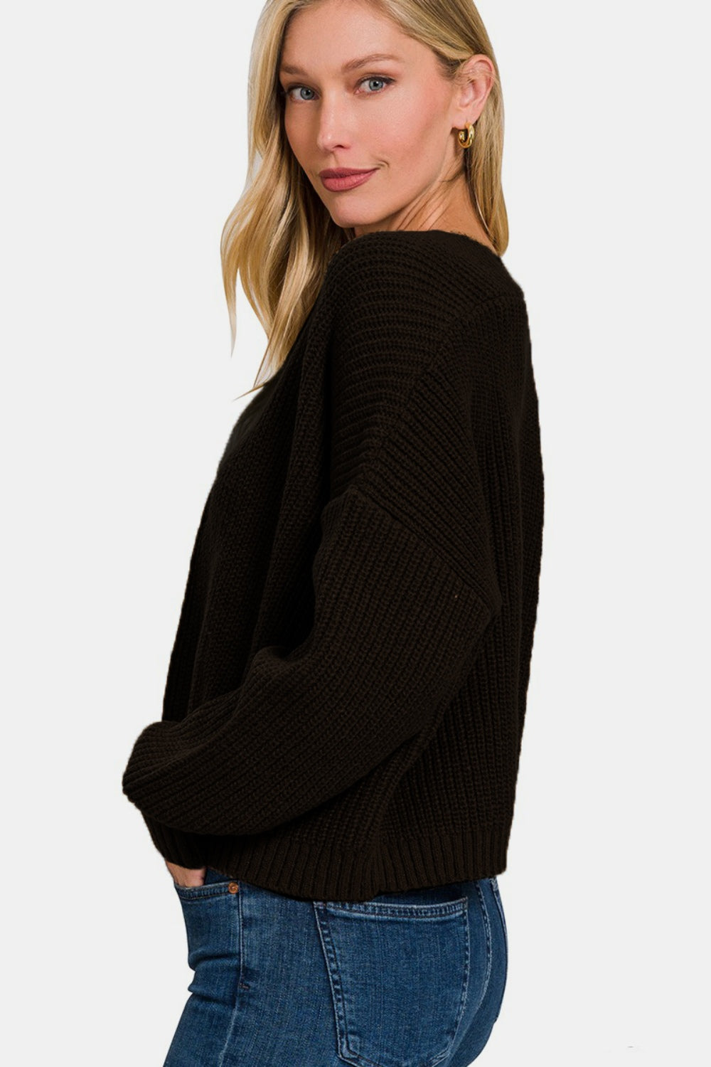 Zenana Open Front Drop Shoulder Sweater Cardigan - Black
