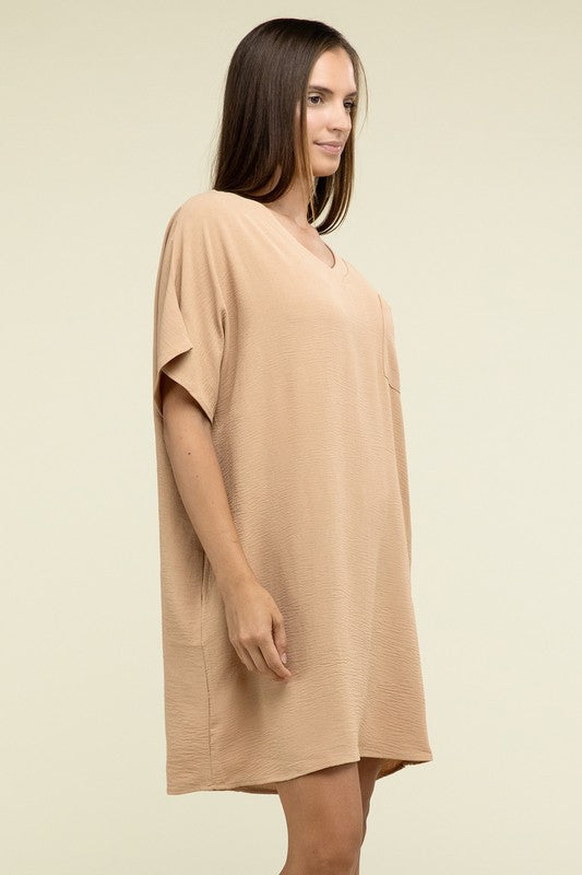 Woven Airflow V Neck T-Shirt Dress with Pockets - Zenana