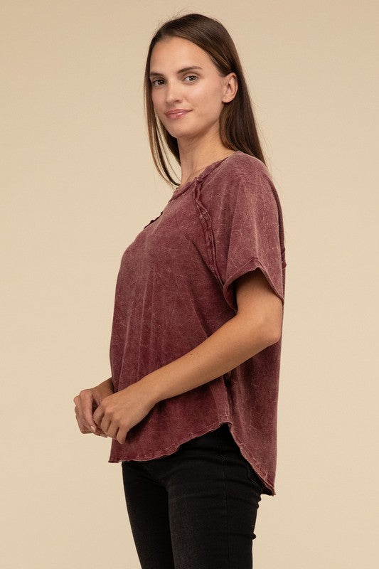 Back Patch Crinkle Washed Raglan Sleeve T-Shirt - Zenana
