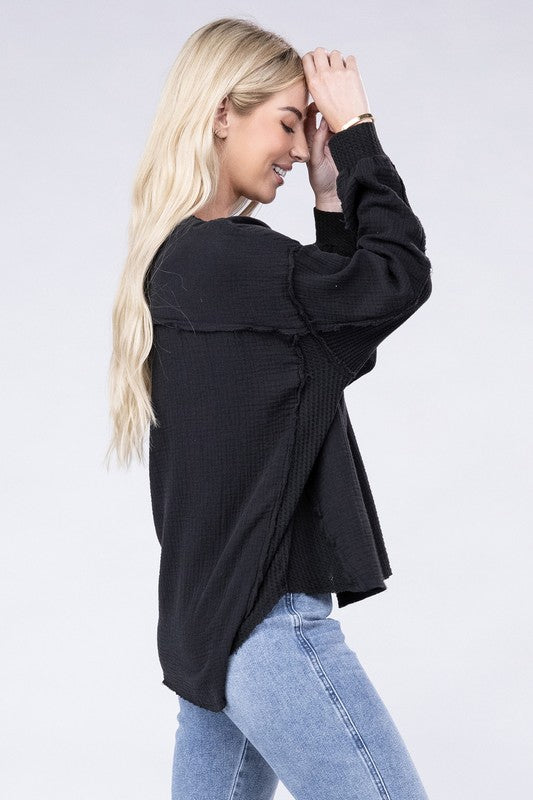 Double Gauze Oversized 3/4 Button Henley Neck Top - Zenana