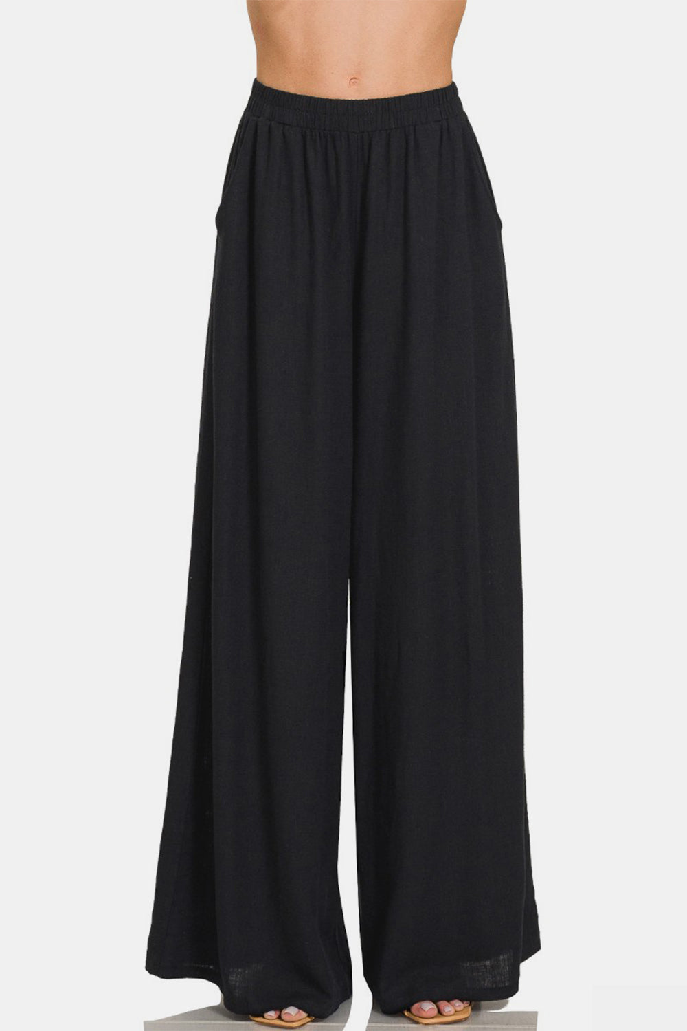 Zenana Pleated Linen Blend Wide Leg Pants - Black