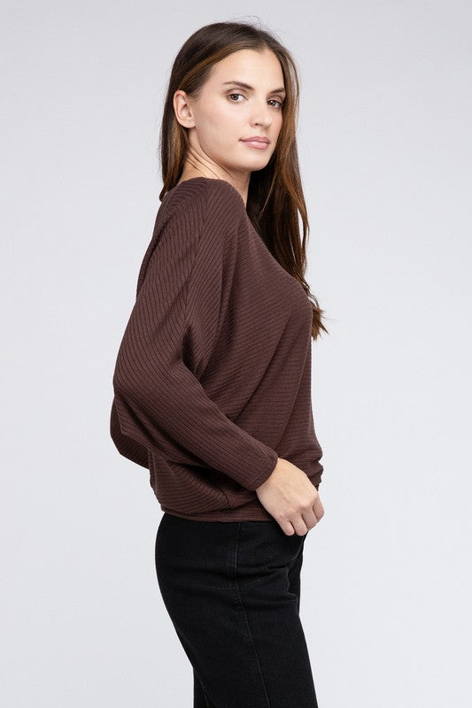 Ribbed Batwing Long Sleeve Boat Neck Sweater - Zenana