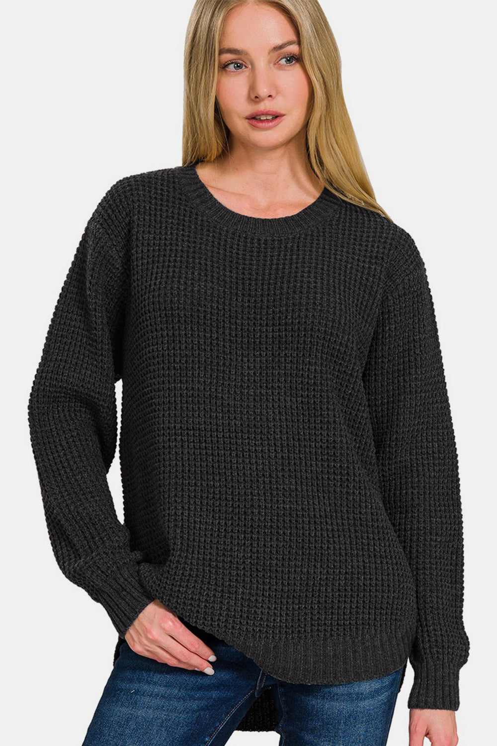 Zenana High Low Long Sleeve Waffle Sweater - Black