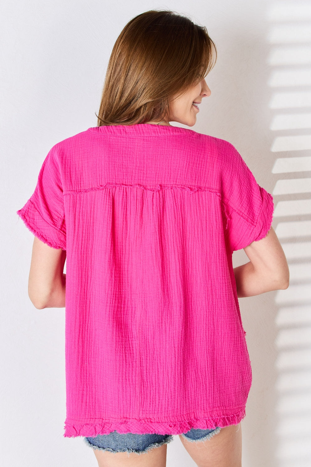 Zenana Full Size Raw Hem Short Sleeve Top - Hot Pink