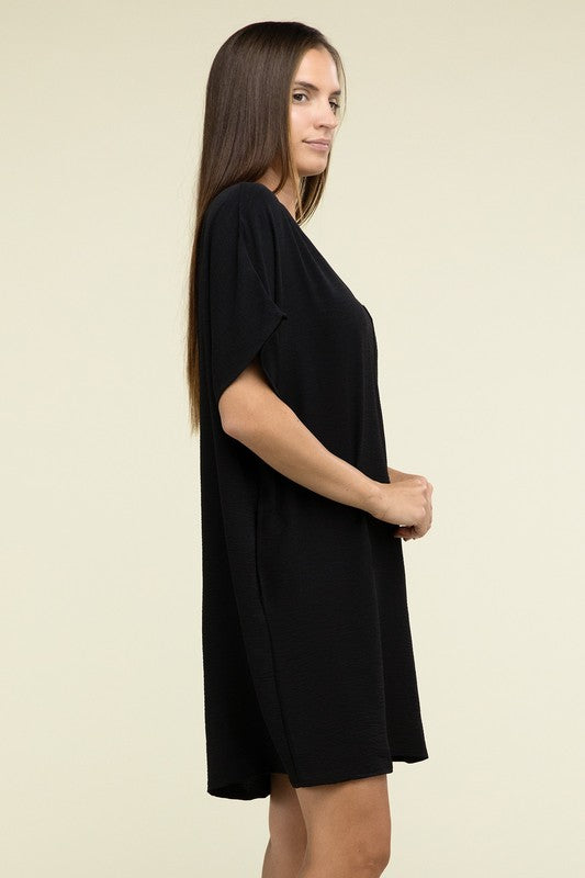 Woven Airflow V Neck T-Shirt Dress with Pockets - Zenana