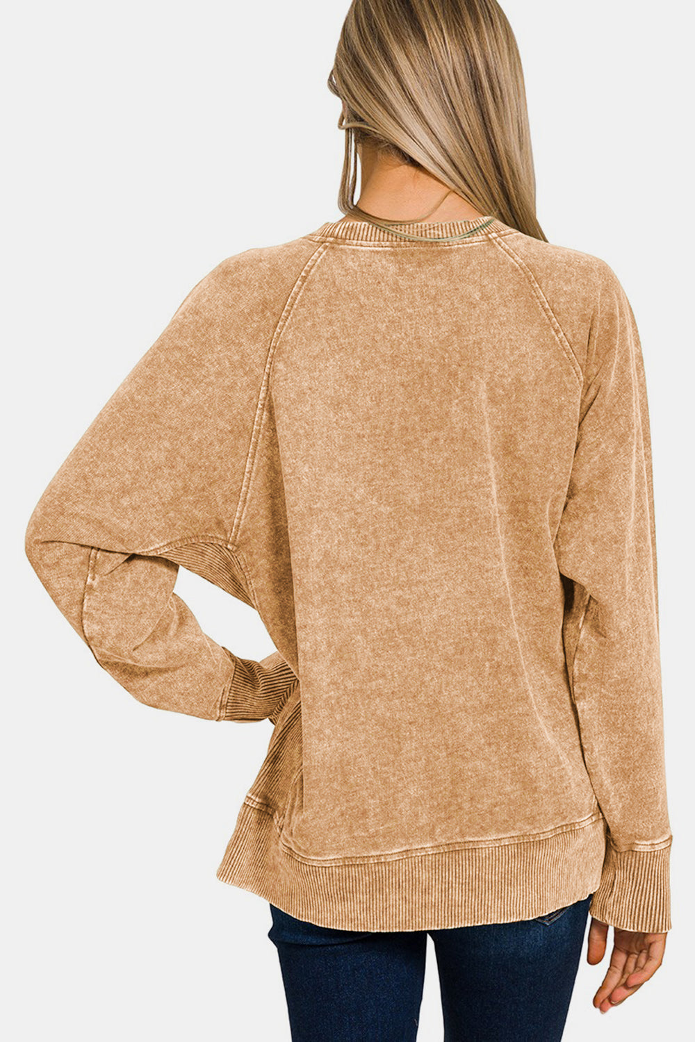 Zenana Pocketed Round Neck Sweatshirt - Camel