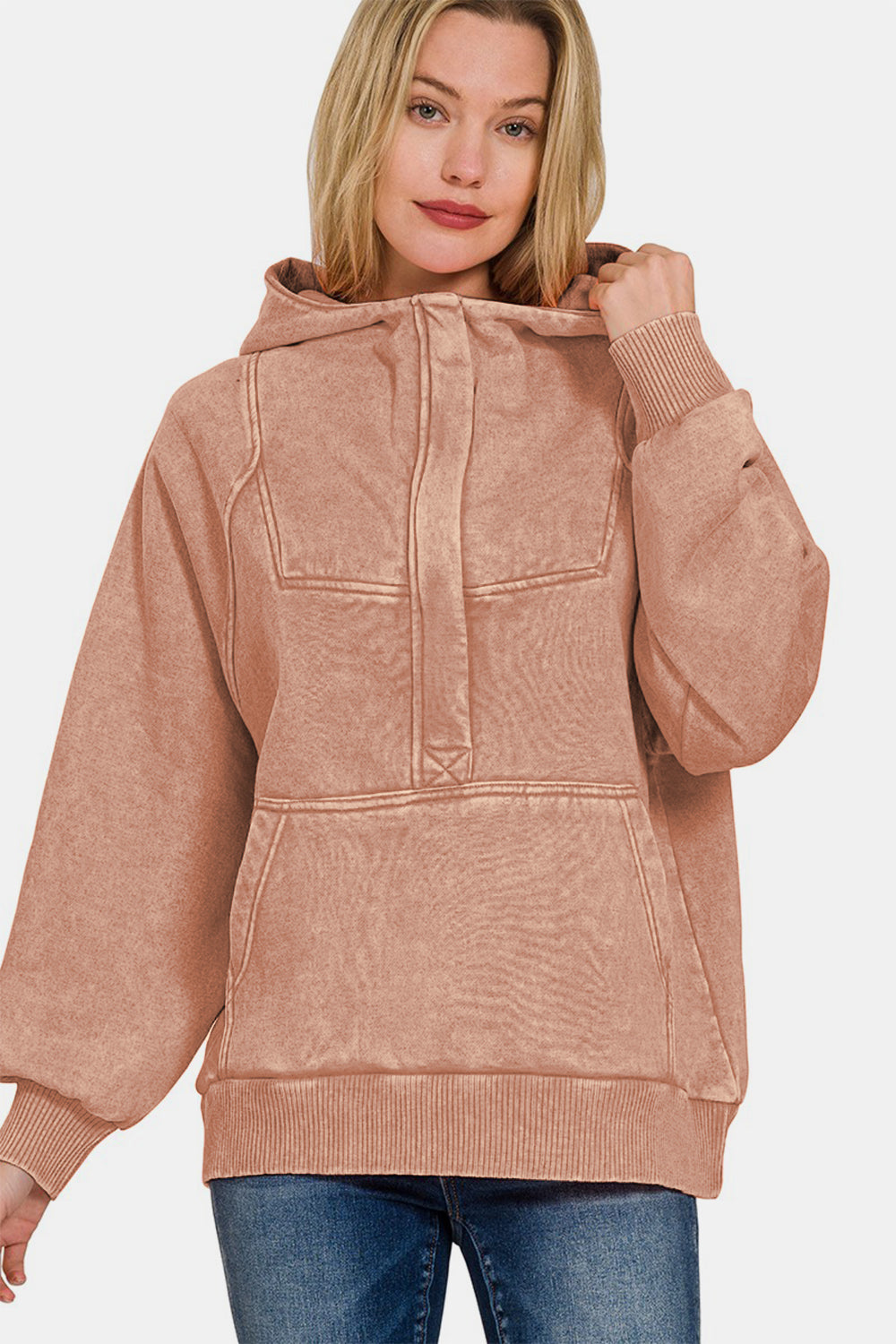 Zenana Acid Wash Fleece Kangaroo Hoodie - Rust