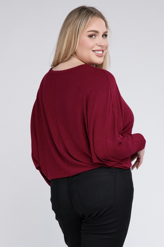 Plus Ribbed Batwing Long Sleeve Boat Neck Sweater - Zenana