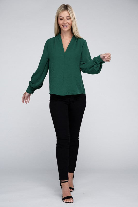 Woven Airflow V-Neck Long Sleeve Top - Zenana