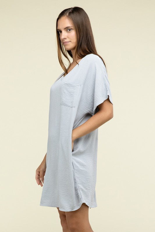 Woven Airflow V Neck T-Shirt Dress with Pockets - Zenana