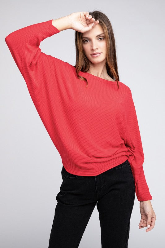 Ribbed Batwing Long Sleeve Boat Neck Sweater - Zenana