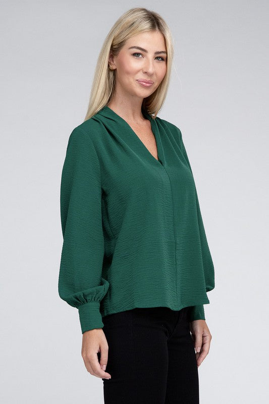 Woven Airflow V-Neck Long Sleeve Top - Zenana