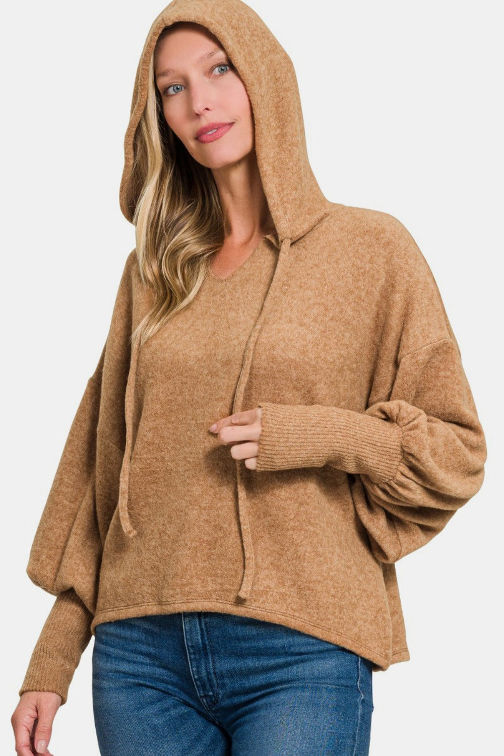 Zenana Brushed Hacci Drop Shoulder Cropped Hoodie - Deep Camel