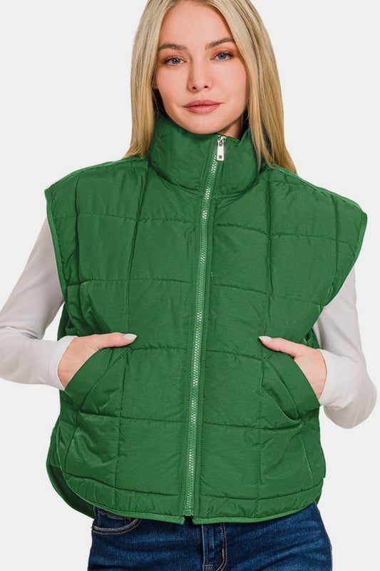 Zenana Zip Up Cropped Puffer Vest with Pockets - Green