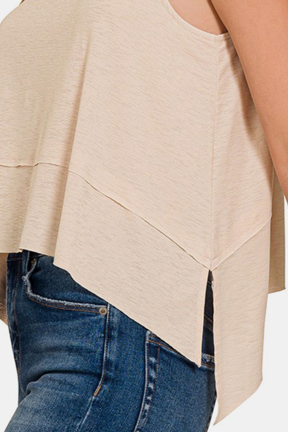 Zenana Exposed Seam Slit Round Neck Tank - Sand Beige
