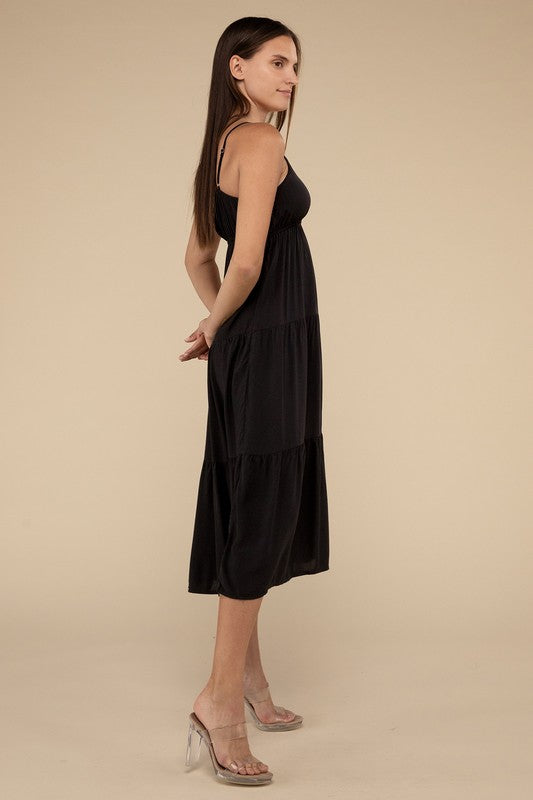 Woven Sweetheart Neckline Tiered Cami Midi Dress - Zenana