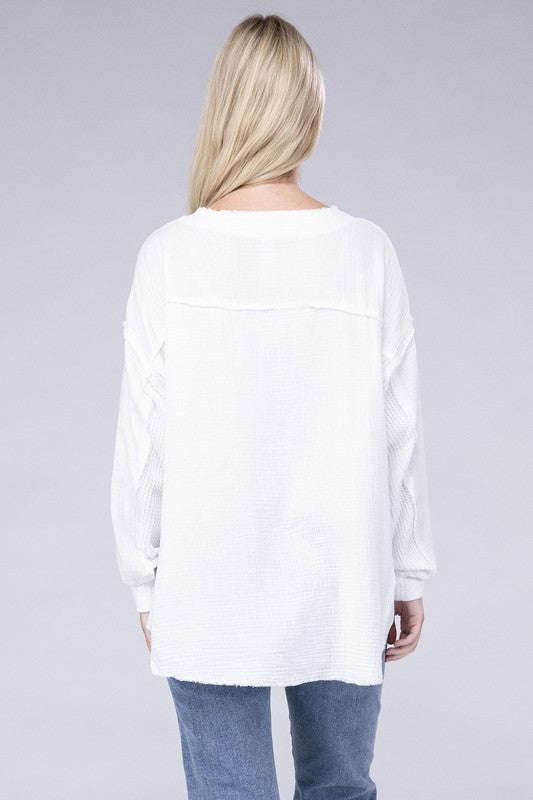 Double Gauze Oversized 3/4 Button Henley Neck Top - Zenana