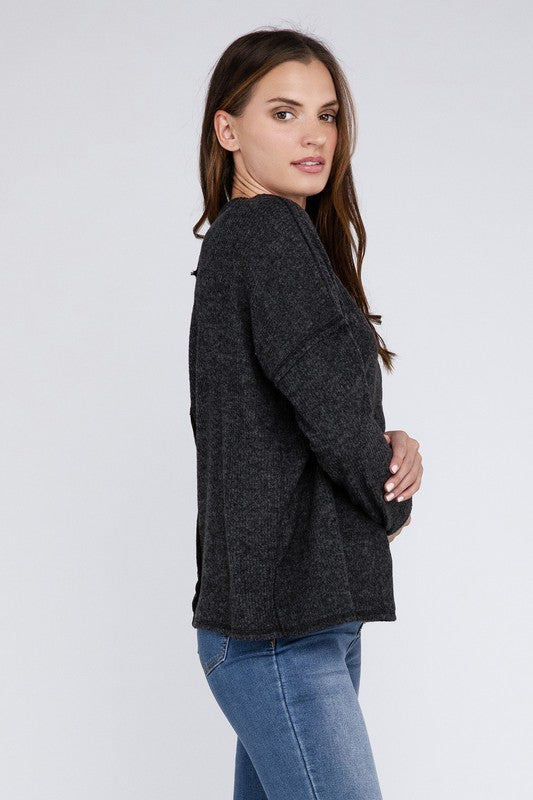 Ribbed Brushed Melange Hacci Sweater with a Pocket - Zenana