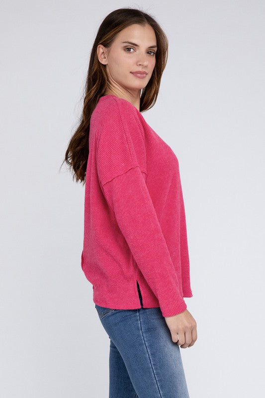 Ribbed Brushed Melange Hacci Sweater with a Pocket - Zenana