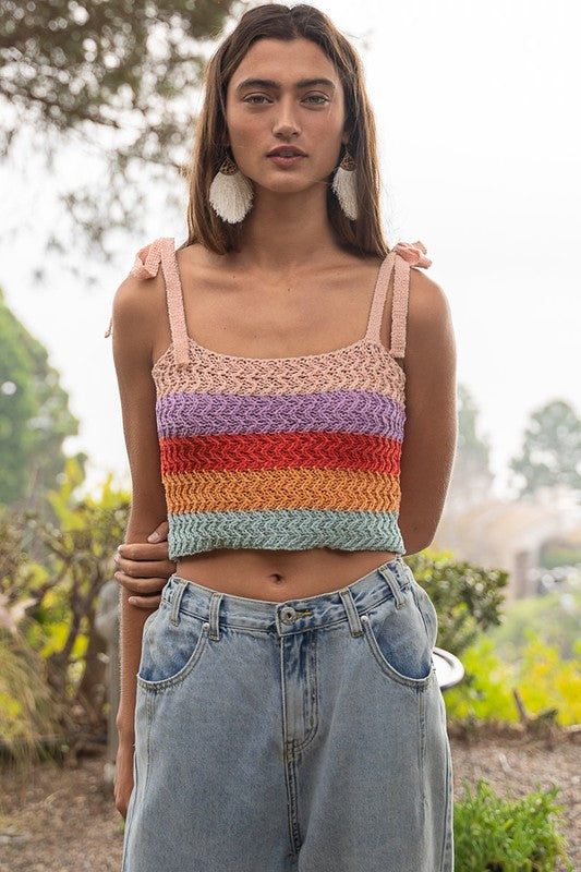 Tie-shoulder Sweater Crop Tank Top - Pol