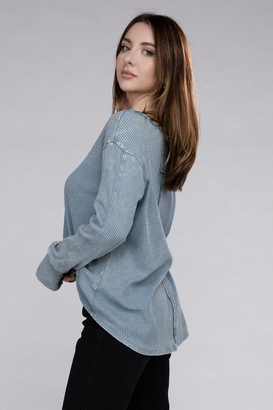 Washed Baby Waffle Long Sleeve Top - Zenana