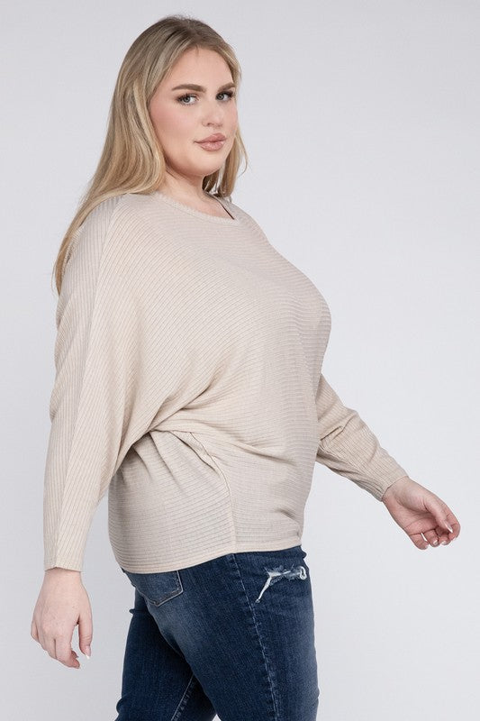 Plus Ribbed Batwing Long Sleeve Boat Neck Sweater - Zenana