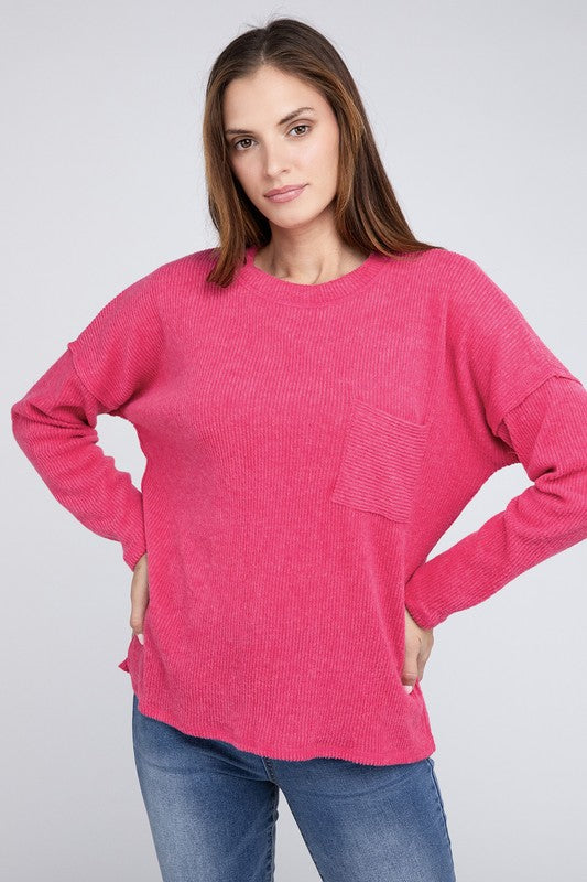 Ribbed Brushed Melange Hacci Sweater with a Pocket - Zenana
